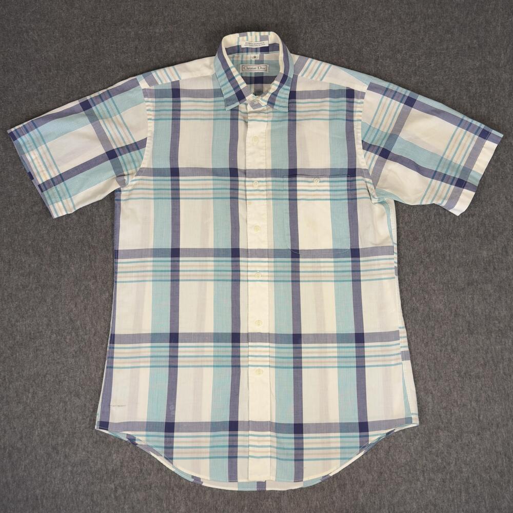 Vintage Christian Dior Shirt Mens Medium Plaid Short Sleeve Button Up Hong Kong